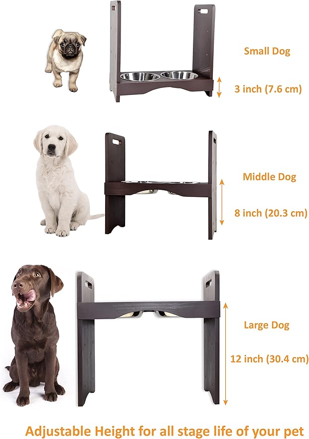 Spirtro Elevated Dog Bowls Station- Adjustable to 3 Heights, 3”, 8”, 12”, Raised Pet Stand Feeder, Double Stainless Steel Food and Water Dishes for Small to Middle Dogs Cats, Solid Wood- Dark Brown