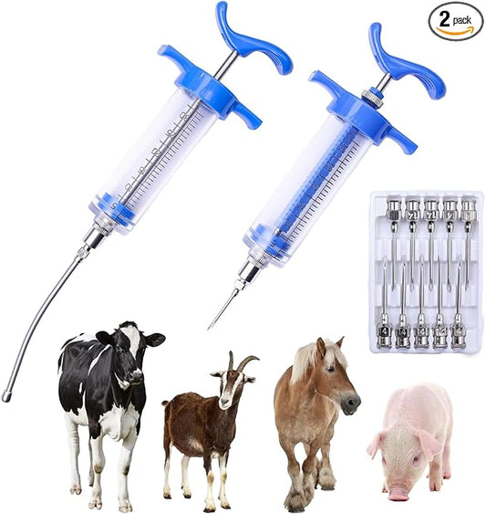 2Pcs 30ML Livestock Syringe, Reusable Adjustable Goat Drench Syringe, with 1 Drench Nozzle 10 Needles, Suitable for Medium And Large Poultry Such As Pigs, Sheep, Cattle, Horses, Etc