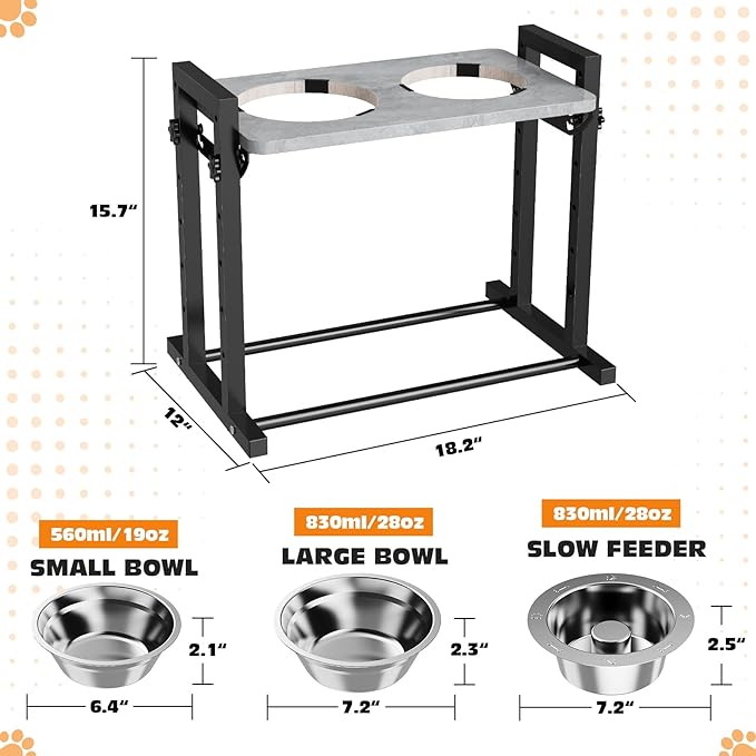 Elevated Dog Bowls for Dogs, 6 Heights Adjustable Raised Dog Bowl with Slow Feeder - 3 Stainless Steel Bowl, Tiltable Non-Slip Feeding Bowls with Metal Stand