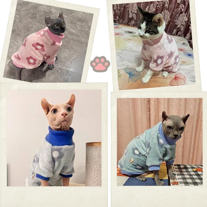 Cat Flannel Floral Clothes, Warm Soft Winter Jumpsuit Flower Prints Sweater Shirt Clothing for Hairless Sphynx, Devon & Indoor Kittens (Pink, M)