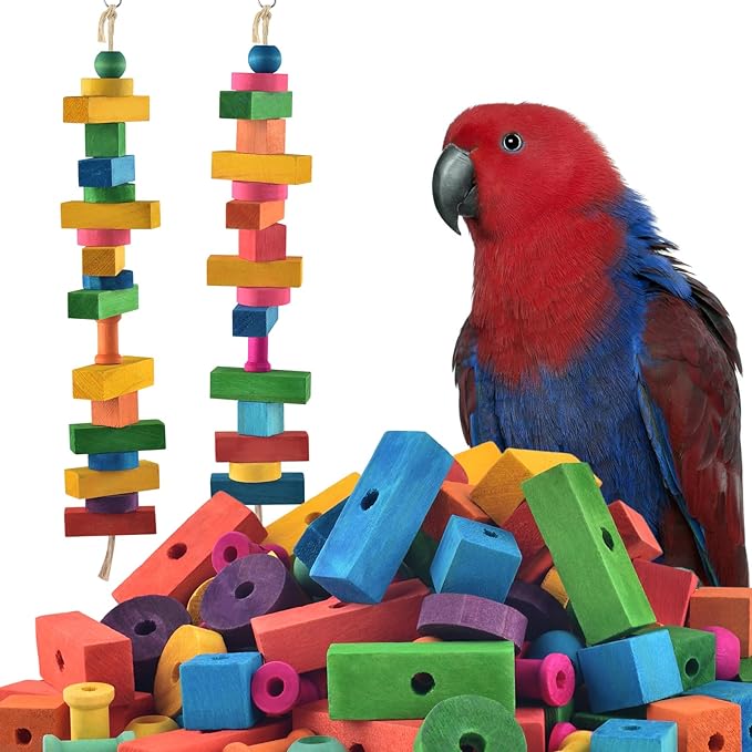 Bird Toys for Parrot, 165 Pcs Colorful Multi-Shaped DIY Wooden Blocks Craft, Birds Cage Chewing Playing Training Toy for Large Cockatoos, Macaws, African Grey and Small Medium Parrots