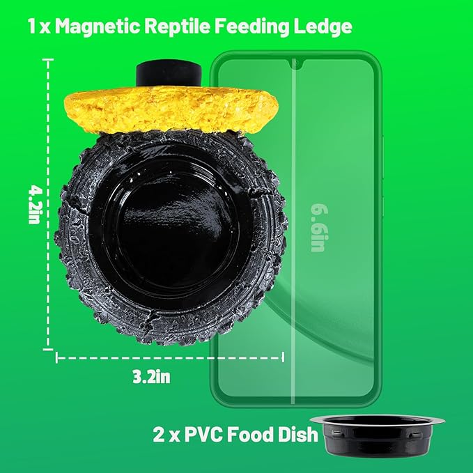 Gecko Gecko Feeder Ledge, Magnetic Reptile Feeding Ledge with 2 Food Bowls, Natural Tire-Design Resin Base for Bearded Dragon, Snake, Frog in Glass/PVC/Acrylic/Wood Tanks