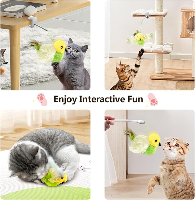 Migipaws Cat Toys,Interactive Lifelike Amakihi Flying Flapping Bird with Catnip, Feathers Hanging by Elastic String, Automatic Chirping Kitten Toys for Indoor Cats Self Play, Rechargeable(Green)