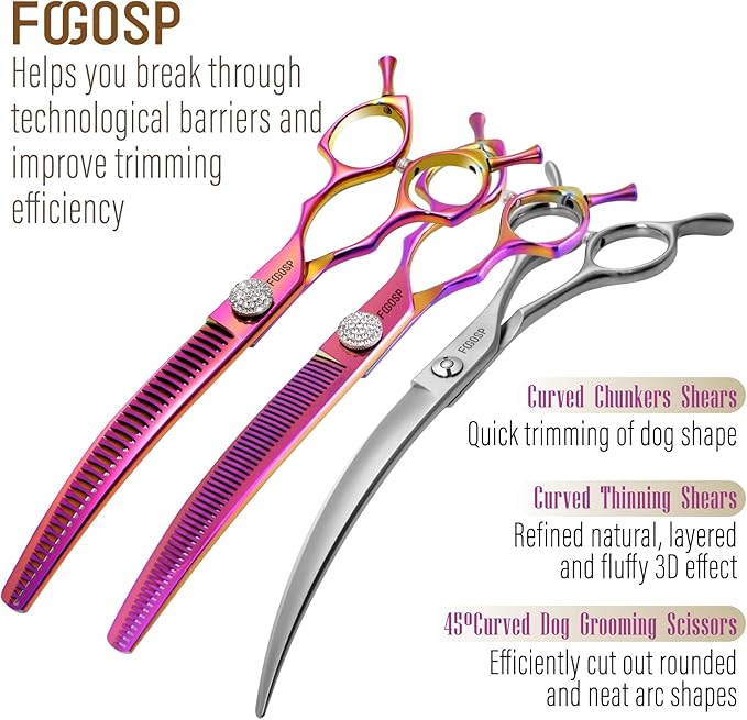 45°Curved Dog Grooming Scissors Curved Thinning Shears Curved Chunkers Dog Shears 3Pcs Combo (RoseRed)