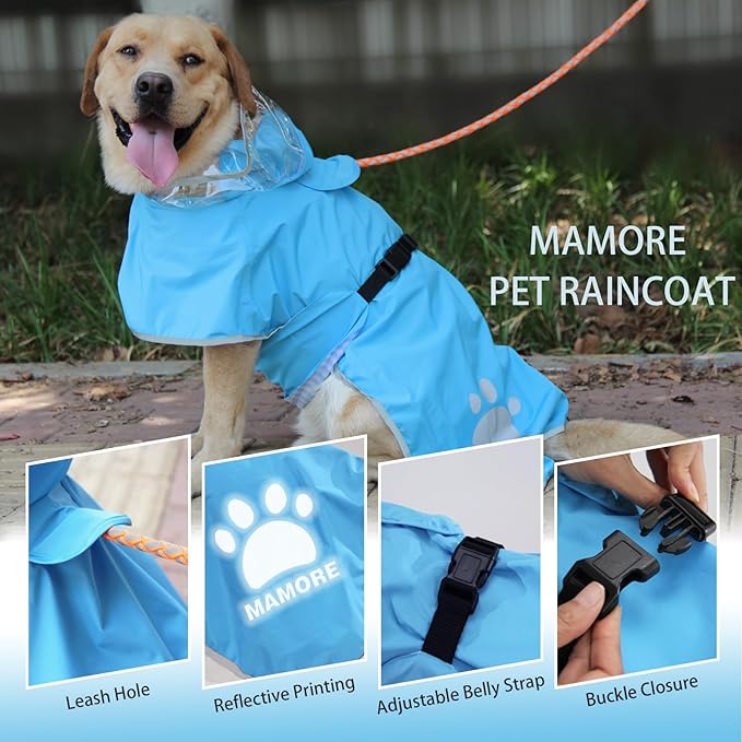Waterproof Dog Raincoat, Reflective Adjustable Hooded Dog Rain Coat, Lightweight Breathable Pet Rain Jacket Poncho Double Layer with Leash Hole for Small Medium Large Dogs (Blue, Medium)