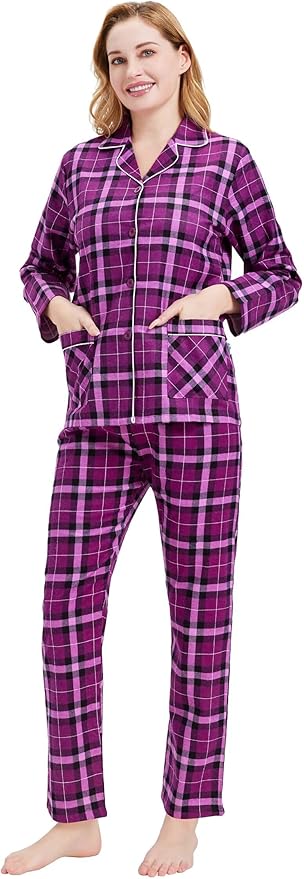 GLOBAL Flannel Pajamas for Women 2-Piece Comfy and Cozy Flannel Pj Set Cotton Loungwear