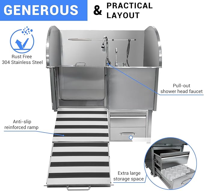Professional Dog Grooming Tub, 62" Stainless Steel Dog Wash Station with Foldable Ramp, Storage Drawer, Floor Grate & Faucet/Dog Bathtub for Large, Medium & Small Pets - Left Door (62")