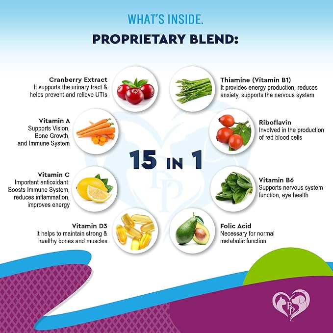 Cat & Dog Multivitamin Liquid with Glucosamine & Cranberry | 15 in 1 Health Supplements for Urinary Tract Kidney, Bladder, Hip & Joint, Skin & Coat | Natural UTI Medicine Made in USA (60 ml)