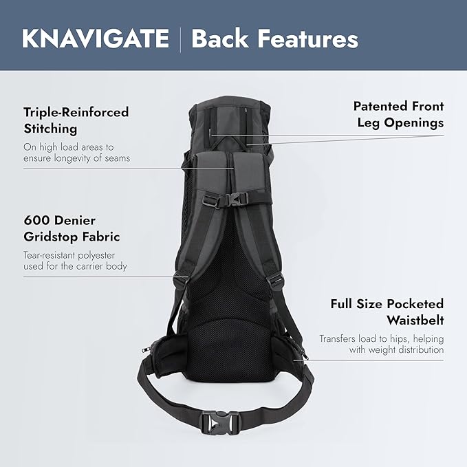 K9 Sport Sack Knavigate - Small, Midnight Black - Ideal for Dogs with 13-16” Back Length - Adjustable, Backpack-Style Carrier with Internal Frame & Padded Hip Belt