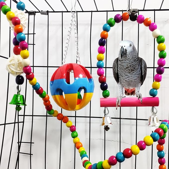 Hamiledyi Bird Parrot Swing Chewing Toy Set 15PCS Wooden Hanging Bell with Hammock Climbing Ladders Colorful Pet Birds Cage Toys for Small Parakeet Cockatiel Finches Conures Budgie Macaws Love Birds