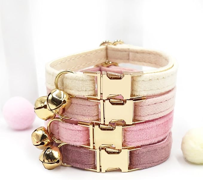 Personalized Cat Collar with Bells,Velvet Customized Small Cat Collar with Name Tag,Pet Collar with Name Phone Number Engraved ID Tags for Boy and Girl Kitten Cats (Champagne Powder)