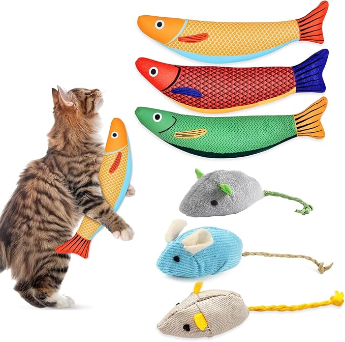 Cat Kicker Toy 6-Pack Organic Catnip Toys for Cats Squeak Mice Set with Rattle Crinkle Sound Soft Teething Chew Interactive Flopping Toys for Indoor Kittens Durable Fish-Shaped Kicker Relieve Boredom