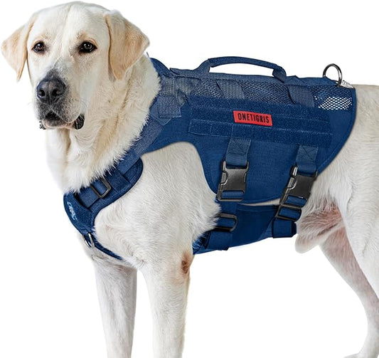 OneTigris Tactical Dog Harness for Small Medium Large Dogs, Mesh Design Service Dog Vest Breathable Military Dogs Molle Vests with Handles, Harness for Walking Hiking Training (Blue, XL)