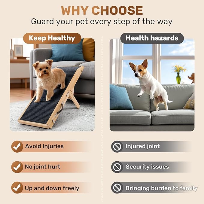 Wood Dog Ramp for Bed, 5-Level Adjustable Height (10" to 21") Pet Ramp with Non-Slip Surface for Couch, Bed and Car, Foldable Dog Stairs for Small, Medium to Large Dogs, Up to 200LBS