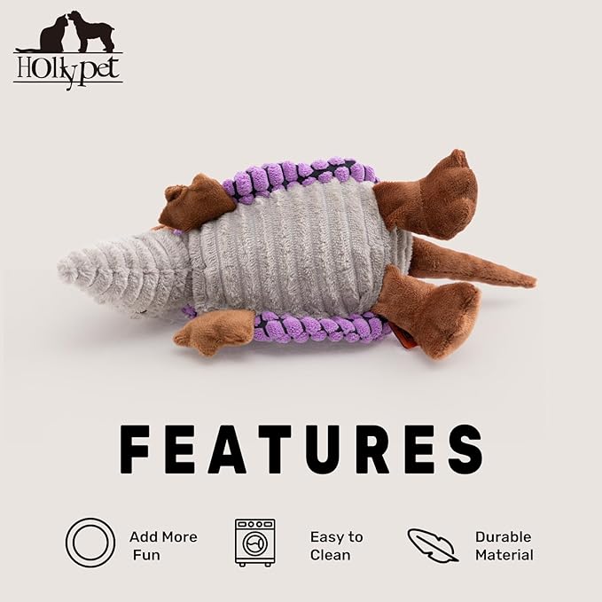Hollypet Plush Dog Squeaky Toy Stuffed Armadillo Animal Pet Puppy Chew Toys with Clean Teeth for Small Medium Large All Breed Sizes Dogs, Purple, 8 in