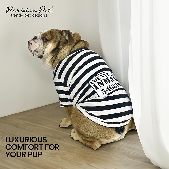 Parisian Pet Dog Shirt - Prisoner Dog Costume - 100% Cotton Black and White Strips Dog Clothes - Lightweight Polyester Dog Shirts - Sleeved Dog Costume for Medium Dogs - Pet Costumes - L