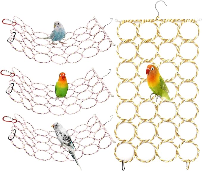 BNOSDM 4 Packs Bird Hemp Rope Net Swing Climbing Rope Net for Birds Parrot Ladder Macaw Hanging Hammock Activity Toy for Rats Parakeet Cockatiel Cockatoo Conure African Grey Budgie