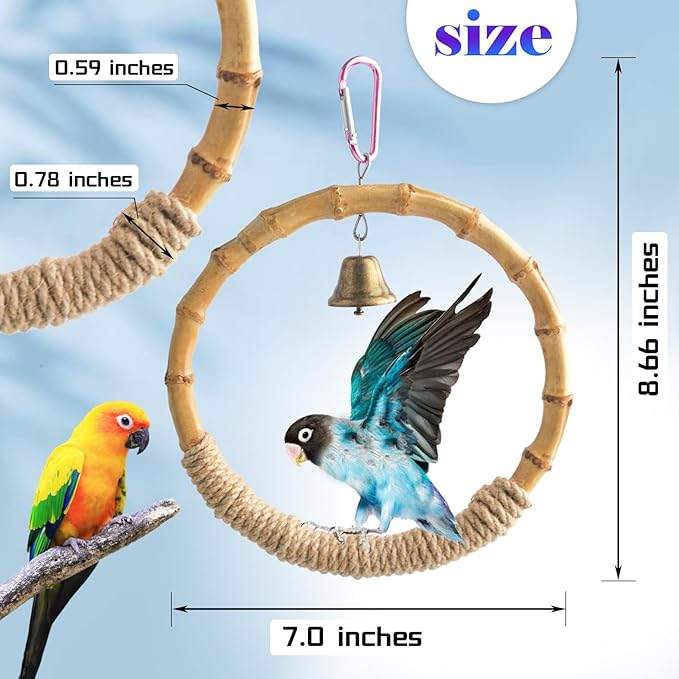 Bamboo Ring Bird Swing Perch,Large Circle Cage Hanging Toys,Bird Perch Climbing Toy Steady Natural Birds Hemp Rope Swings for Budgie,Cockatiels,Conures,Finches,Small Parakeets