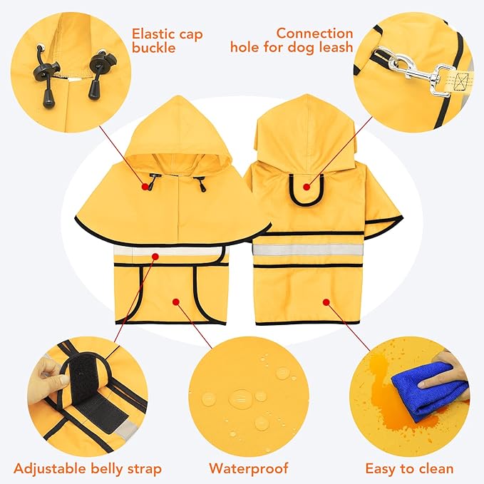 Reflective Waterproof Dog Raincoat - Lightweight Dog Rain Jacket with Hooded, Adjustable Pet Rain Coat Poncho Slicker for Dog Walking (Large, Yellow)