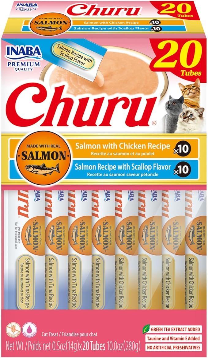 INABA Salmon Churu Cat Treats, Lickable, Squeezable Creamy Purée Cat Treat with Green Tea Extract & Taurine, 0.5 Ounces Each Tube, 20 Tubes, Scallop & Chicken Variety Box