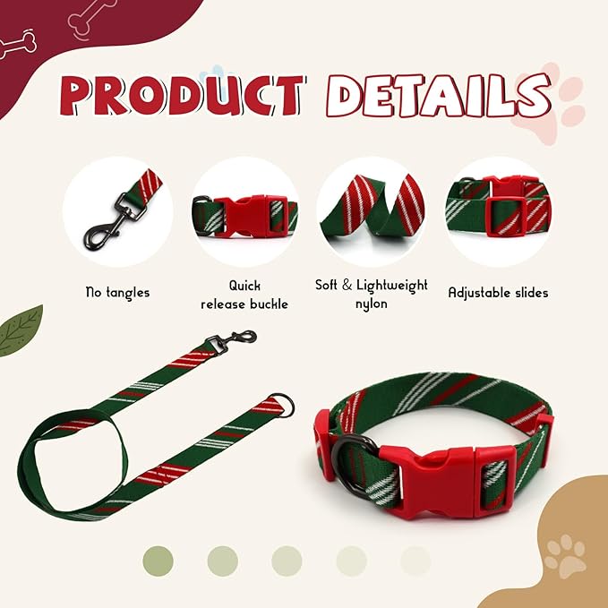 Green Red Dog Collar and Leash Set for Large Dog, Breathable, Anti-Odor & Soft, Comfortable for Sensitive Skin Puppies, 90% Bamboo Rayon, Adjustable Quick-Release Buckle Pet Collar for Large Breeds