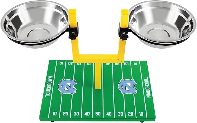 NCAA North Carolina Tar Heels Goalpost Football Field Dog Feeder – Adjustable Elevated Dog Bowls with Stand, 2 Stainless Steel Bowls, Non-Slip Rubber Feet, Raised Pet Feeder for Large & Small Dogs