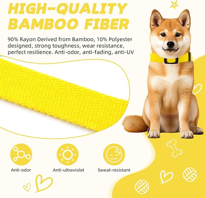 Yellow Dog Collar and Leash Set for Large Dog, Breathable, Anti-Odor & Soft, Comfortable for Sensitive Skin Puppies, 90% Bamboo Rayon, Adjustable Quick-Release Buckle Pet Collar for Large Breeds