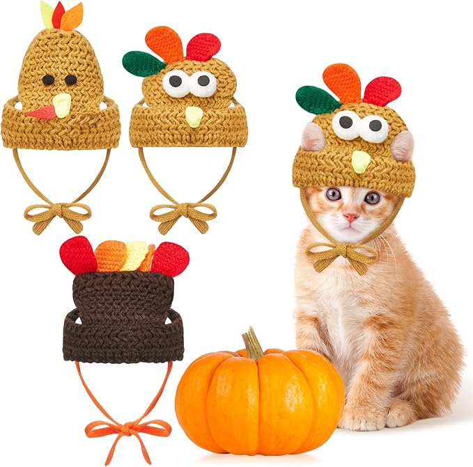 3 Pcs Knitted Turkey Cat Costumes Cat Dog Thanksgiving Turkey Hat Small Kitten Dog Pet Costumes Knitted Cap Thanksgiving Apparel Cosplay Accessory Headwear (Adorable)