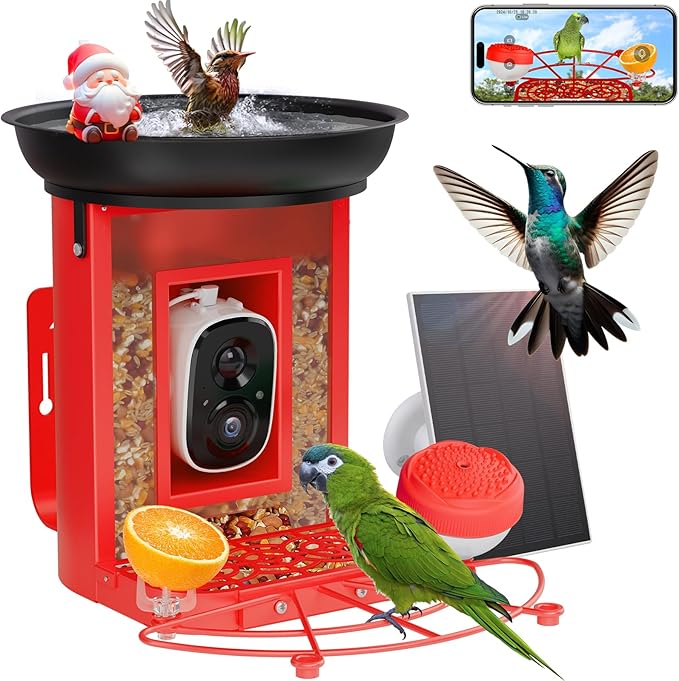 Bird Feeder with Camera, 2K Birds Camera with 3-in-1 Feeding, Drinking, and Bathing | AI Identify, Real-Time Monitoring and Alerts | IP65 and Squirrel-Proof for Outdoors, Gift for Bird Lovers