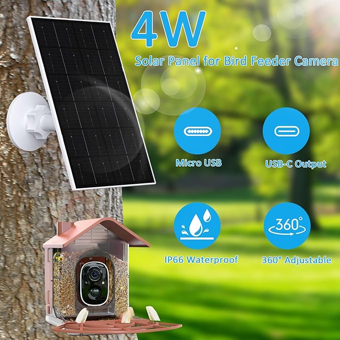FUTUREZEN 4W Solar Panel for Bird Feeder Camera, USB-C/Micro USB Solar Charger with IP66 Waterproof, 360° Adjustable Mount, 9.8FT Cable