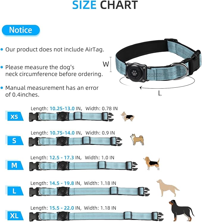 Upgraded AirTag Dog Collar, IP68 Waterproof Air Tag Dog Collar Holder, Reflective, Ultra-Durable, Comfortable Padded, Heavy Duty Dog Collars for Small Medium Large Dogs (M (12.6"-17.1"), LightBlue)