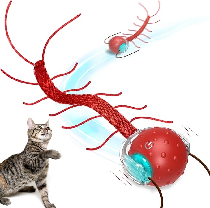 Interactive Cat Toys for Indoor Cats, Moving Cat Ball with Tail, Fast Rolling on Carpet, Chirping & Motion Activate