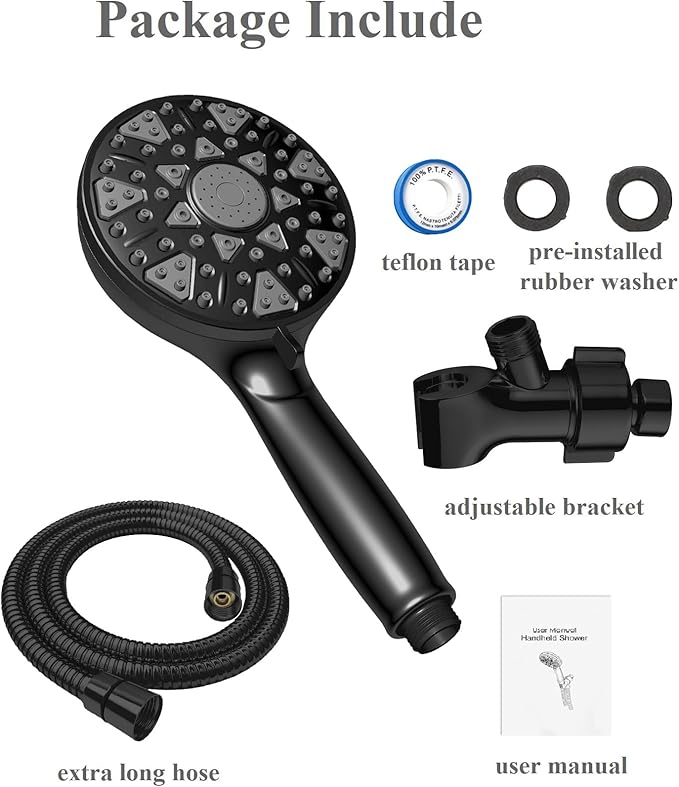 High Pressure Shower head with Handheld 7 Modes, Built-in Power Wash to Clear Tub. Tile & Pets, 5” High Flow Hand Held Hydro Rain Showerhead with Stainless Steel Hose and Adjustable Bracket-Matt Black