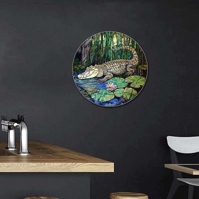 Lygond Metal Sign Tin Sign Circular Stained Glass Crocodile Restroom Tin Sign for Yard 12×12 Inches