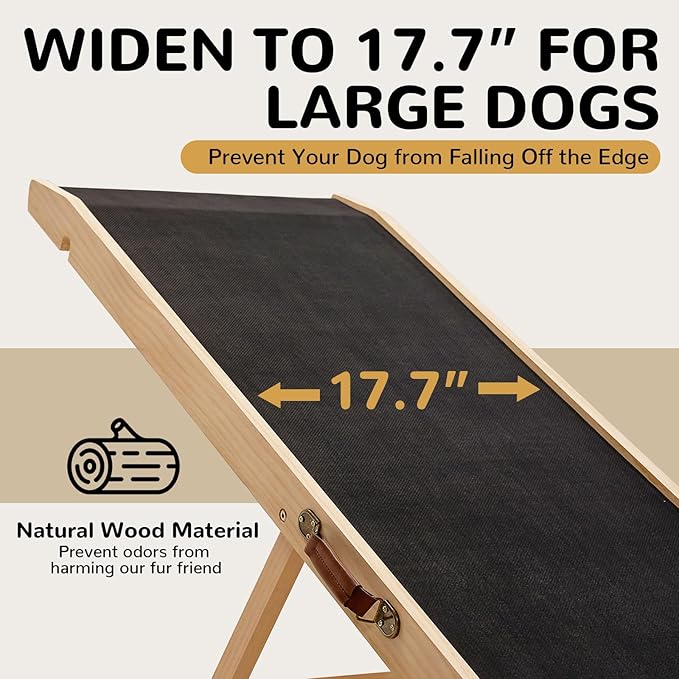 Folding Wooden Dog Ramp for Bed, Couch & Car,45IN Long- 5 Level Adjustable Pet Ramp, Non-Slip Rubber Mat, 17.7'' Extra Wide - Supports Small & Large Senior Dogs & Cats up to 200 lbs