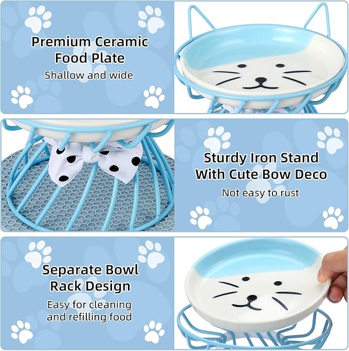 4-in-1 Elevated Pet Food Bowls - Ceramic, Non-Slip, Dishwasher Safe, Whisker-Friendly Stand for Cats & Puppies