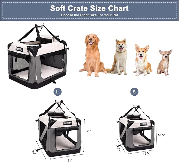 JESPET Soft Dog Crates Kennel for Pets, 3 Door Soft Sided Folding Travel Pet Carrier with Straps and Fleece Mat for Dogs, Cats(7-Light Grey, Small(24" L x 16.5" W x 16.5" H))