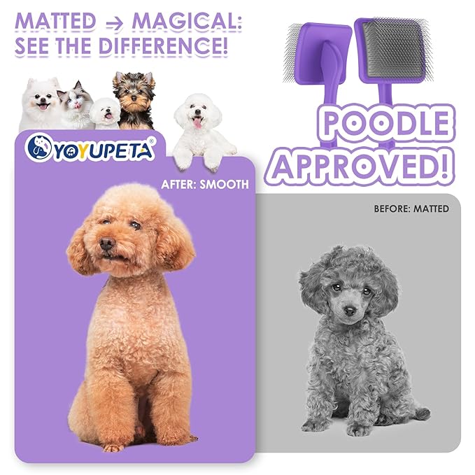 Large Dog Slicker Brush & Comb Set with Leather Sleeves - Long Pin Deshedding Brush for Golden Retrievers, Poodles, Doodles & Thick Coats, Wood Handle Pet Grooming Kit for Dogs, Cats. Purple