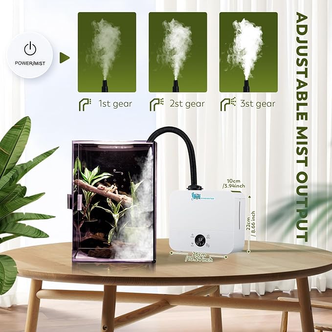 Moongiantgo Reptile Humidifier with Humidity Control, 3 Gears Adjustable Fog, Timing Function, Reptile Terrarium Fogger with 2.5L Tank and Extended Hose for Reptiles Lizard Gecko Snake Plants