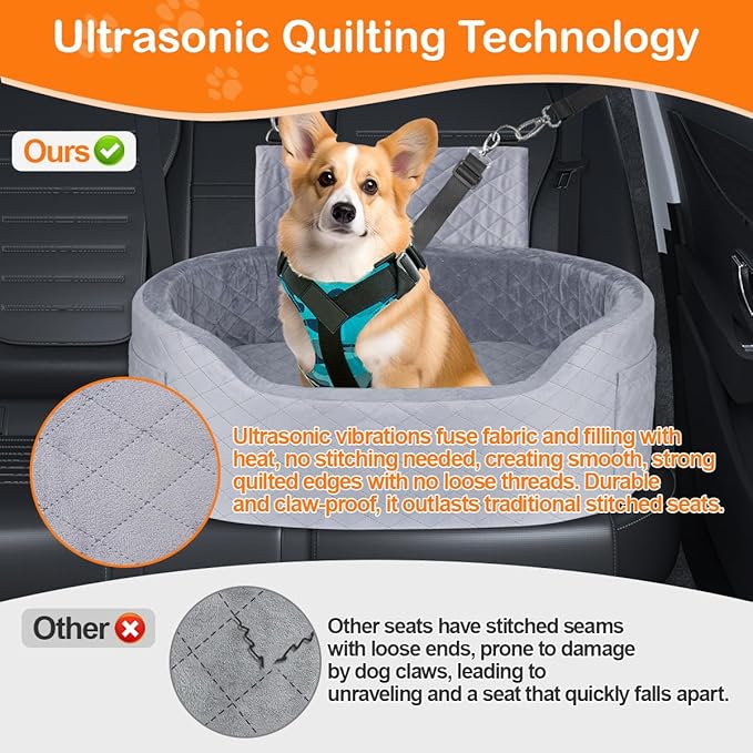 Dog Car Seat for Medium Large Dogs Up to 25.59", 28D High-Density Memory Foam with Waterproof Cover, Pet Travel Bed with Storage Pockets, Blanket, Dog Safety Belt, Grey