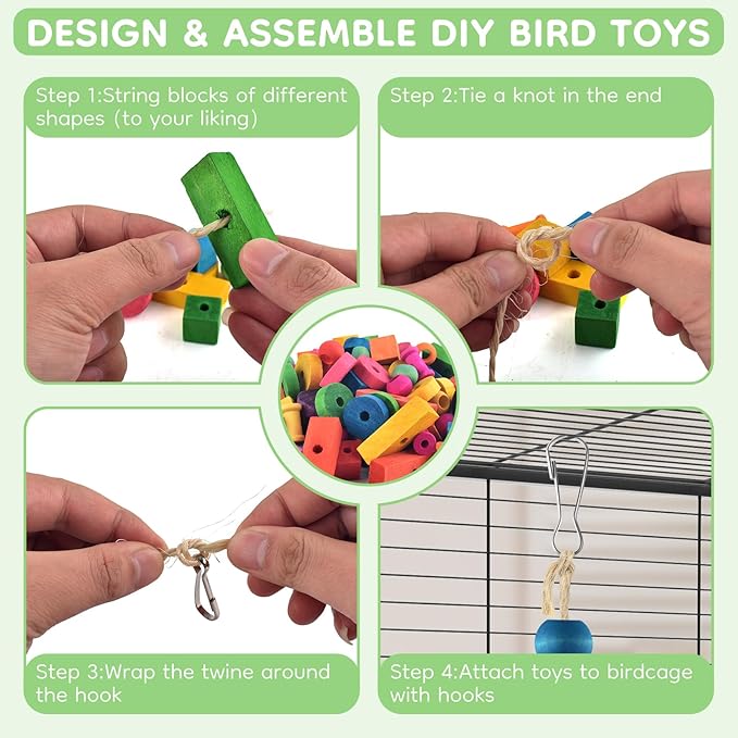 Bird Toys for Parrot, 165 Pcs Colorful Multi-Shaped DIY Wooden Blocks Craft, Birds Cage Chewing Playing Training Toy for Large Cockatoos, Macaws, African Grey and Small Medium Parrots