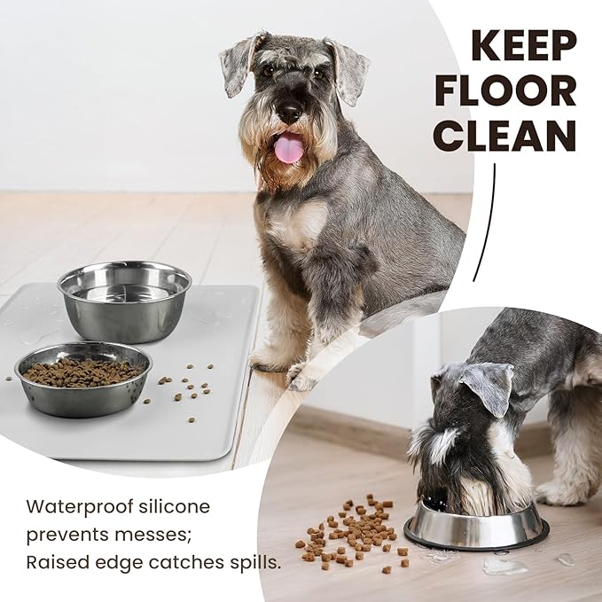 VIVAGLORY Dog Food Mat Flexmat Dog Bowl Mat, Placemat Food Tray with Raised Edges & Lip for Indoor Floor, Non Slip Waterproof Silicone Dish Placemat for Cat & Pet, S, Light Grey