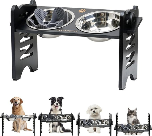 Elevated Dog Bowls,Cat Bowls,9 Height Adjustable Raised Dog Bowl Stand for Small & Medium Pet with 2 Stainless Steel Dishes and Slow Feeder,Bamboo Pet Food Bowl with Non-Slip Feet