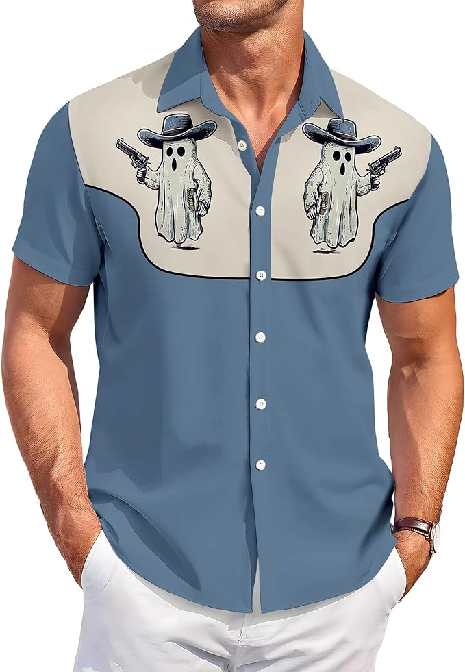 Men’s Hawaiian Shirt Western Cowboy Symmetrical Print Short Sleeve Button Down Casual Beach Holiday Summer Shirt