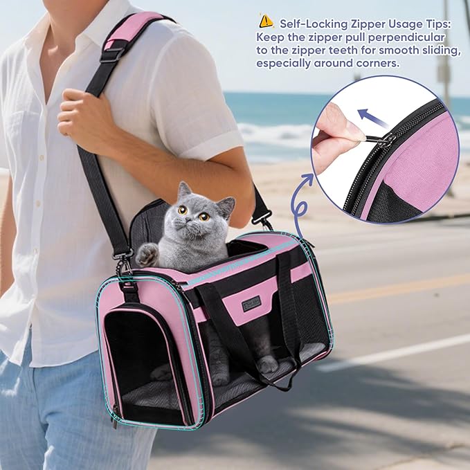 BALEINE Cat Carrier, Puppy Dog Carrier for Small Medium Pets Up to 22 Lbs, Soft-Sided Dog Travel Bag with Safety Zippers, Collapsible Pet Carrying Case (Pink, XL, 19"x12"x12")
