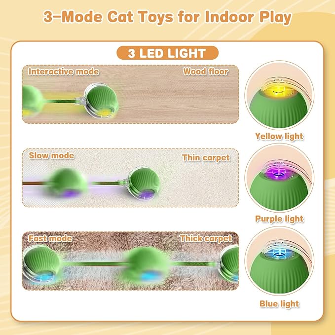 Interactive Cat Toys for Indoor Cats, Rechargeable 360° Automatic Moving Cat Toy for Bored Indoor Adult Cats, 2025 Upgraded Chase Motion Activated Kitten Toys - Green