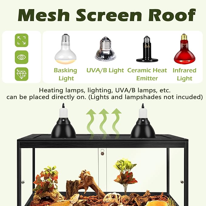 Prolee Bearded Dragon Tank with Leg Stand,Wooden Lizard Tank,Reptile Tank with Metal Mesh Roof Door, Acrylic Panel Snake Tank with Lock Design (Black, 32"x16"x16")