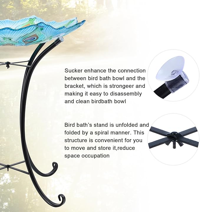 MUMTOP Outdoor Glass Birdbath with Metal Stand for Outside Yard Garden Decor, 18 inch Diameter Peacock Bird Baths Bowl for Outdoors, 21.65 inch Height