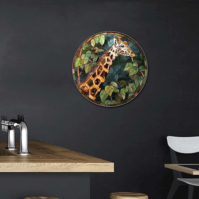 Lygond Metal Sign Tin Sign Circular Stained Glass Giraffe Funny Sign for Patio 12×12 Inches