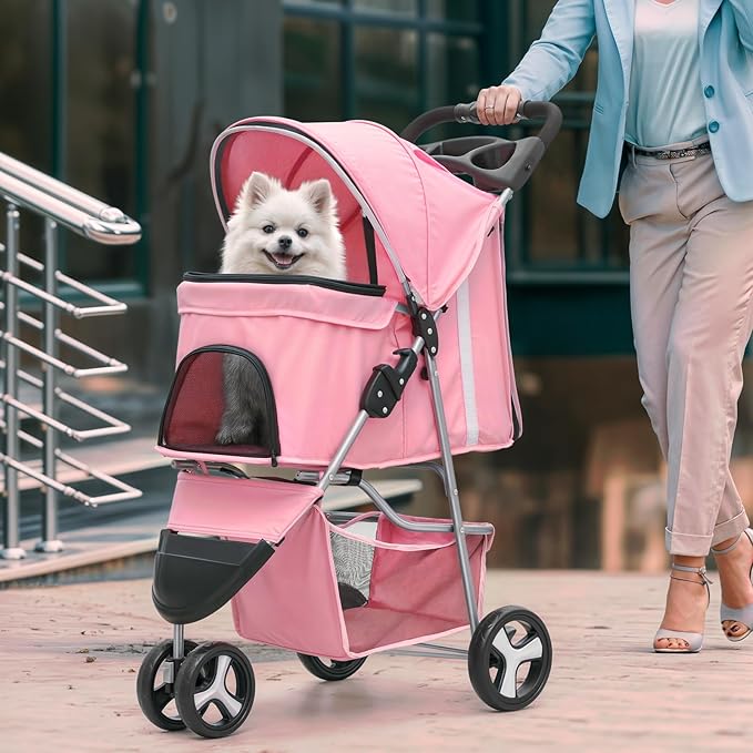 Magshion 3-Wheel Pet Stroller, Foldable Travel Jogger for Small & Medium Dogs & Cats (Up to 33lbs), Lightweight Carrier with Breathable Mesh Cover, Cup Holder & Storage Basket, Pink